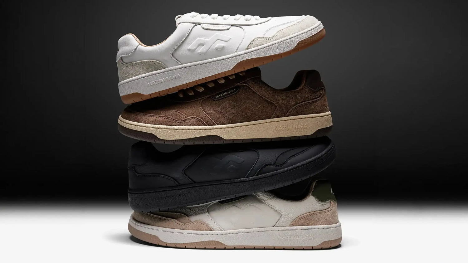 Stacked Maximinima barefoot shoes in white leather, brown suede, green and black, featuring wide toe box and minimalist design.