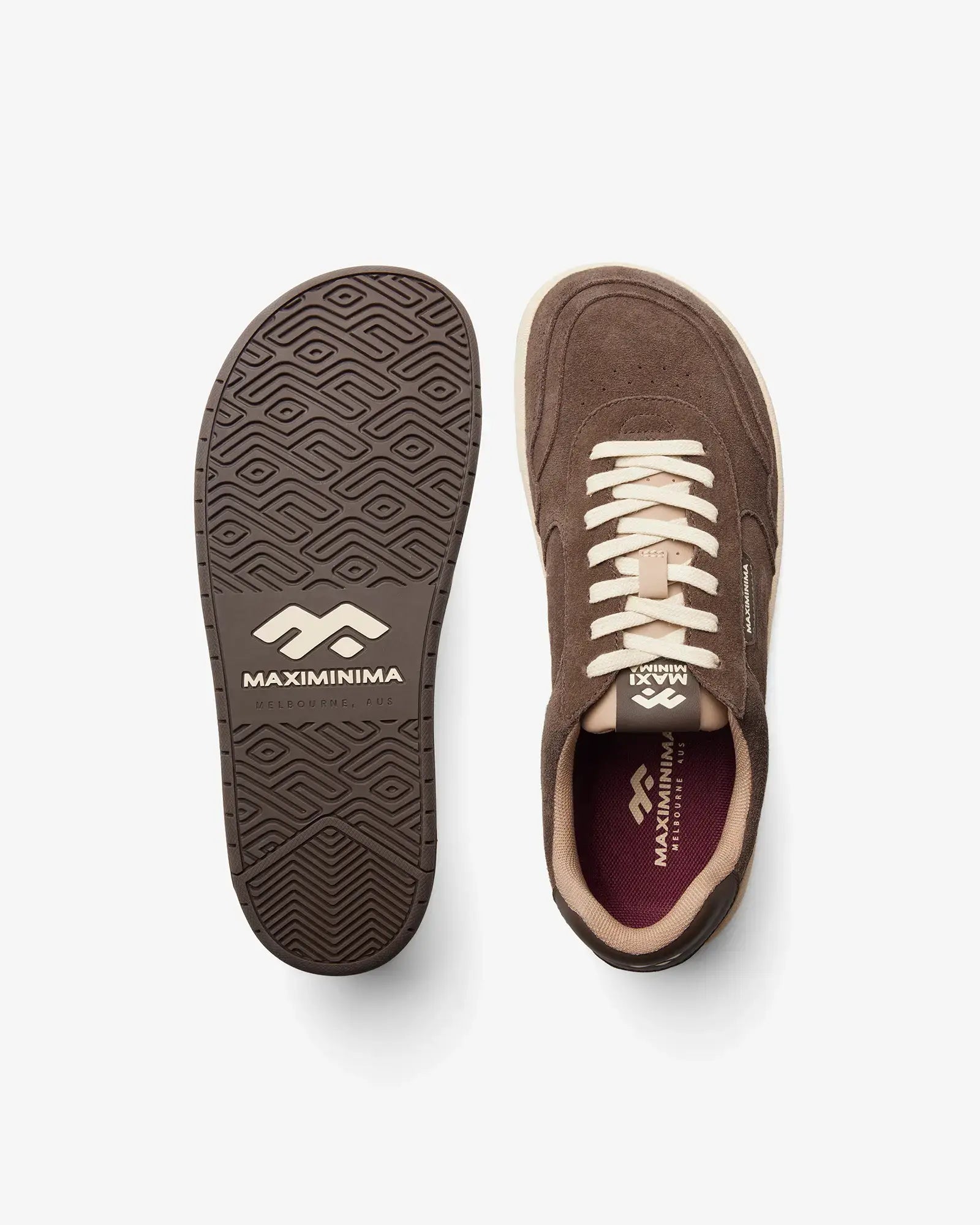 Maximinima Axis brown barefoot sneaker top view and outsole pattern showing flexible zero-drop sole