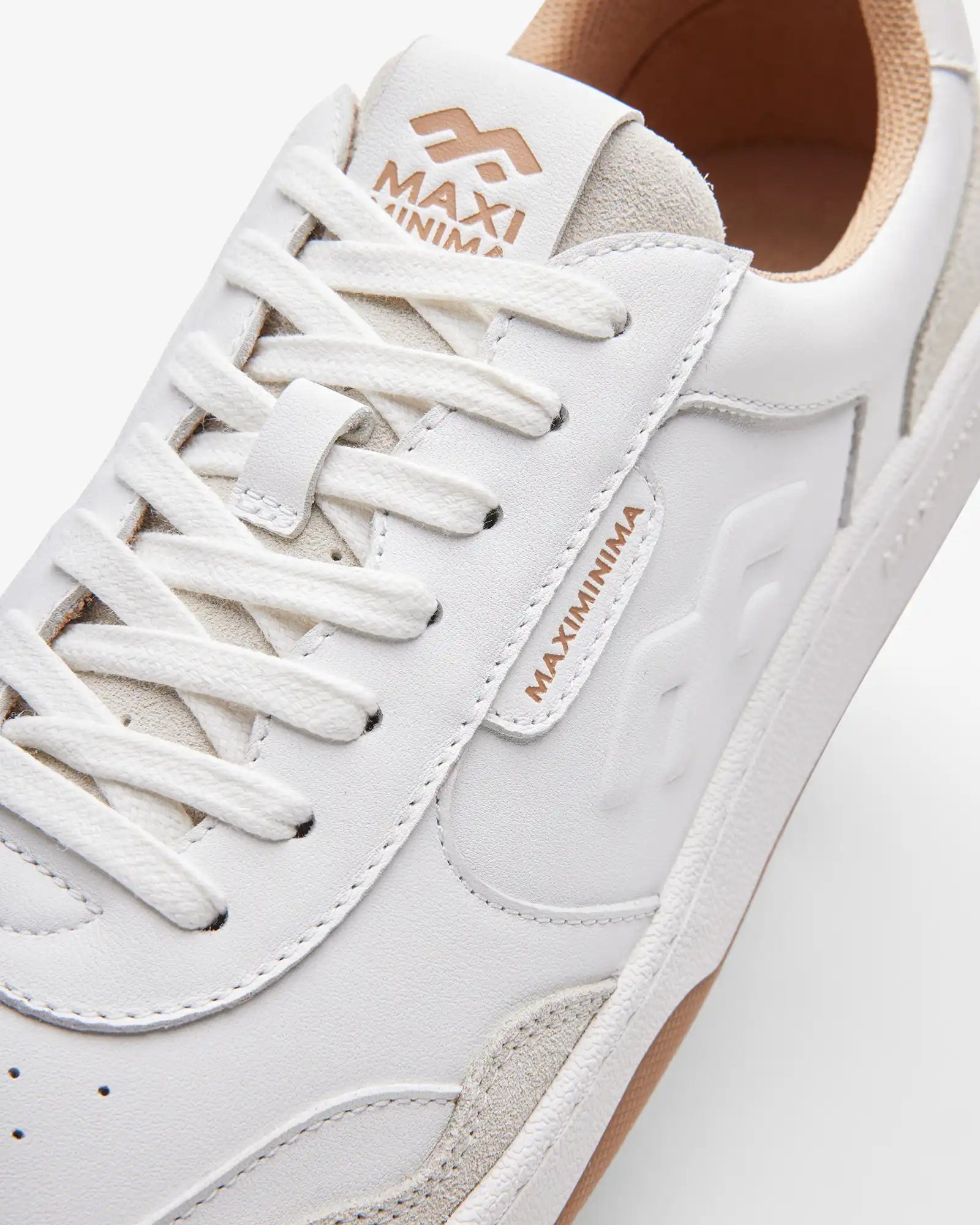 Maximinima Axis white barefoot sneaker close-up showing upper material, laces and branding detail