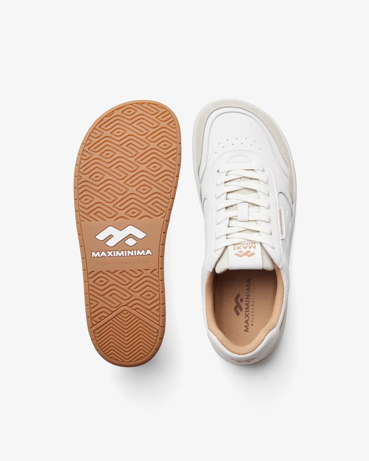 Maximinima Axis white barefoot sneaker top view and outsole pattern showing flexible zero-drop sole