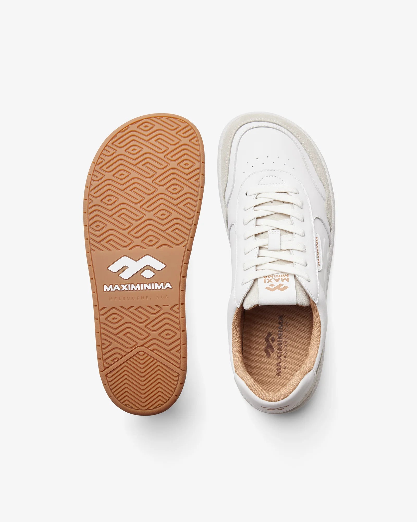 Maximinima Axis white barefoot sneaker top view and outsole pattern showing flexible zero-drop sole