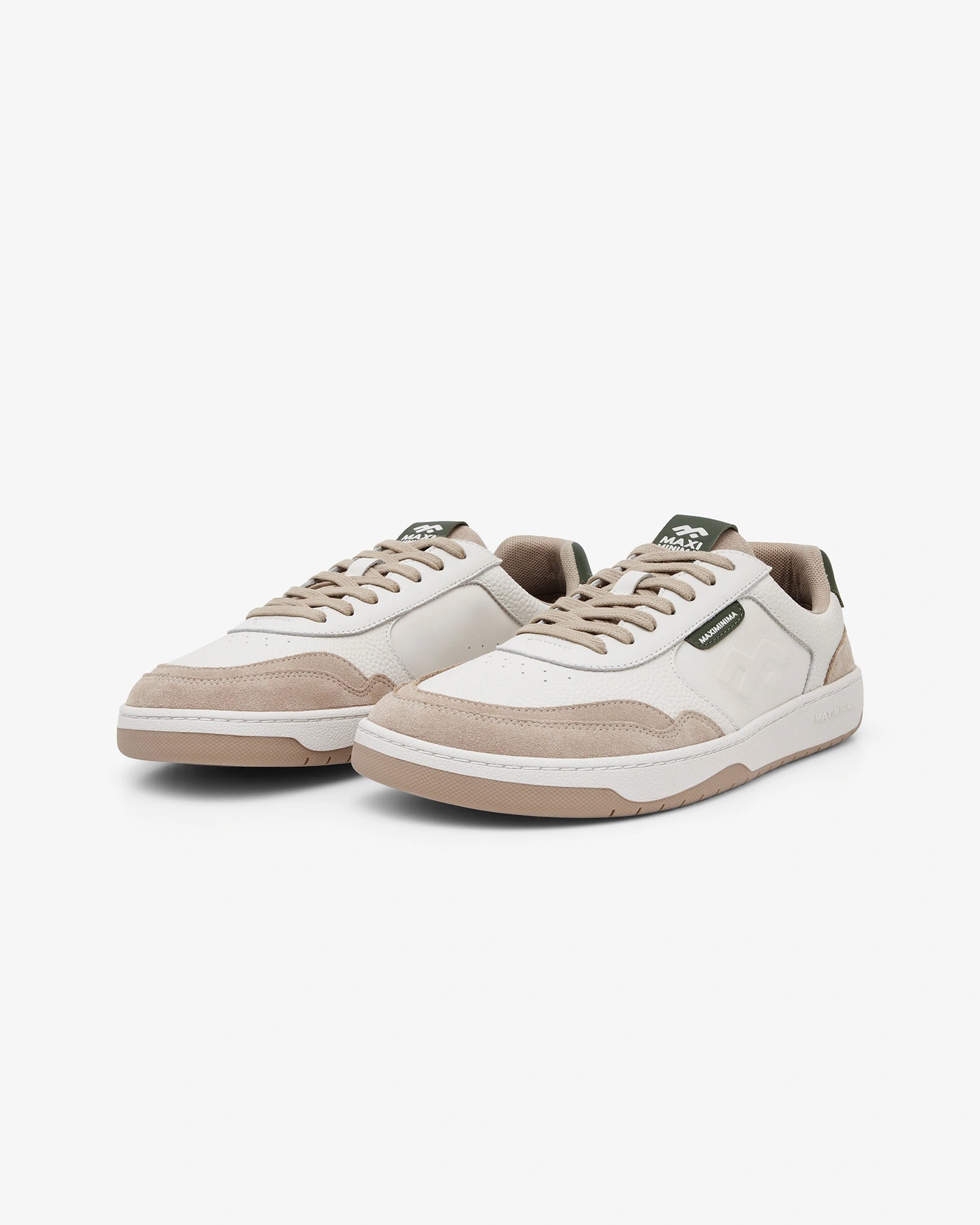 Maximinima Axis off-white and green barefoot sneakers angled pair view showing natural foot shape and minimalist design