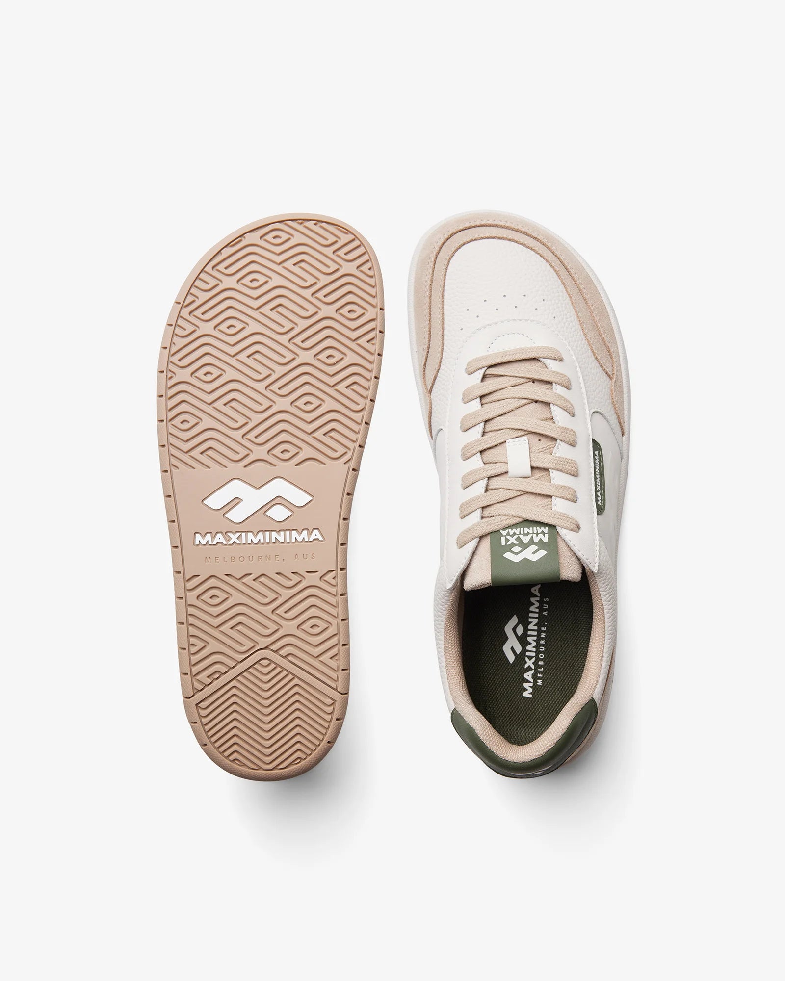 Maximinima Axis off-white and green barefoot sneaker top view and outsole pattern showing flexible zero-drop sole