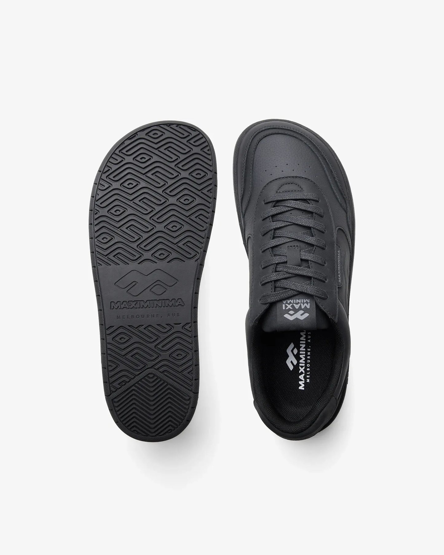 Maximinima Axis black barefoot sneaker top view and outsole pattern showing flexible zero-drop sole