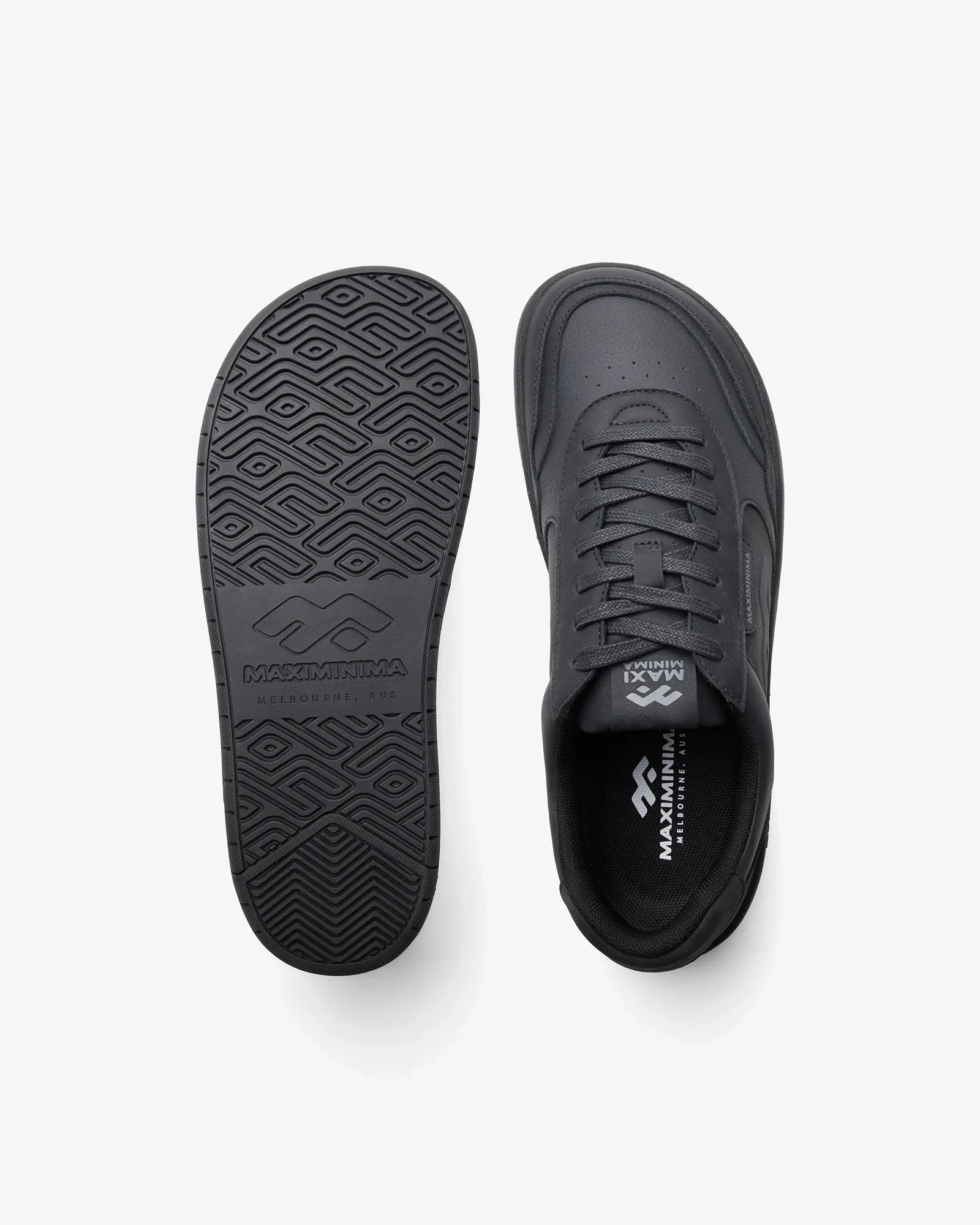 Maximinima Axis black barefoot sneaker top view and outsole pattern showing flexible zero-drop sole
