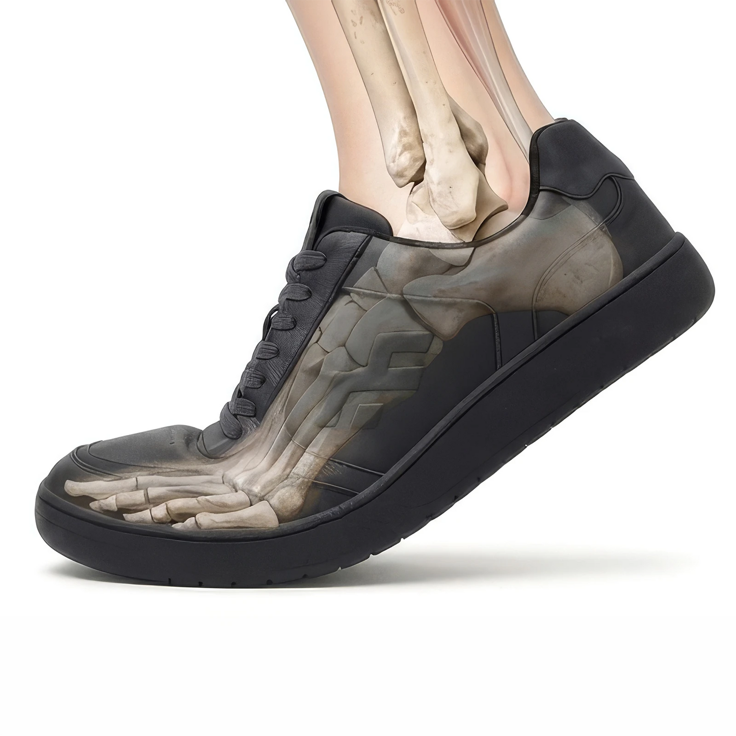 Barefoot shoe bending at the ball of the foot with foot anatomy visible inside the shoe