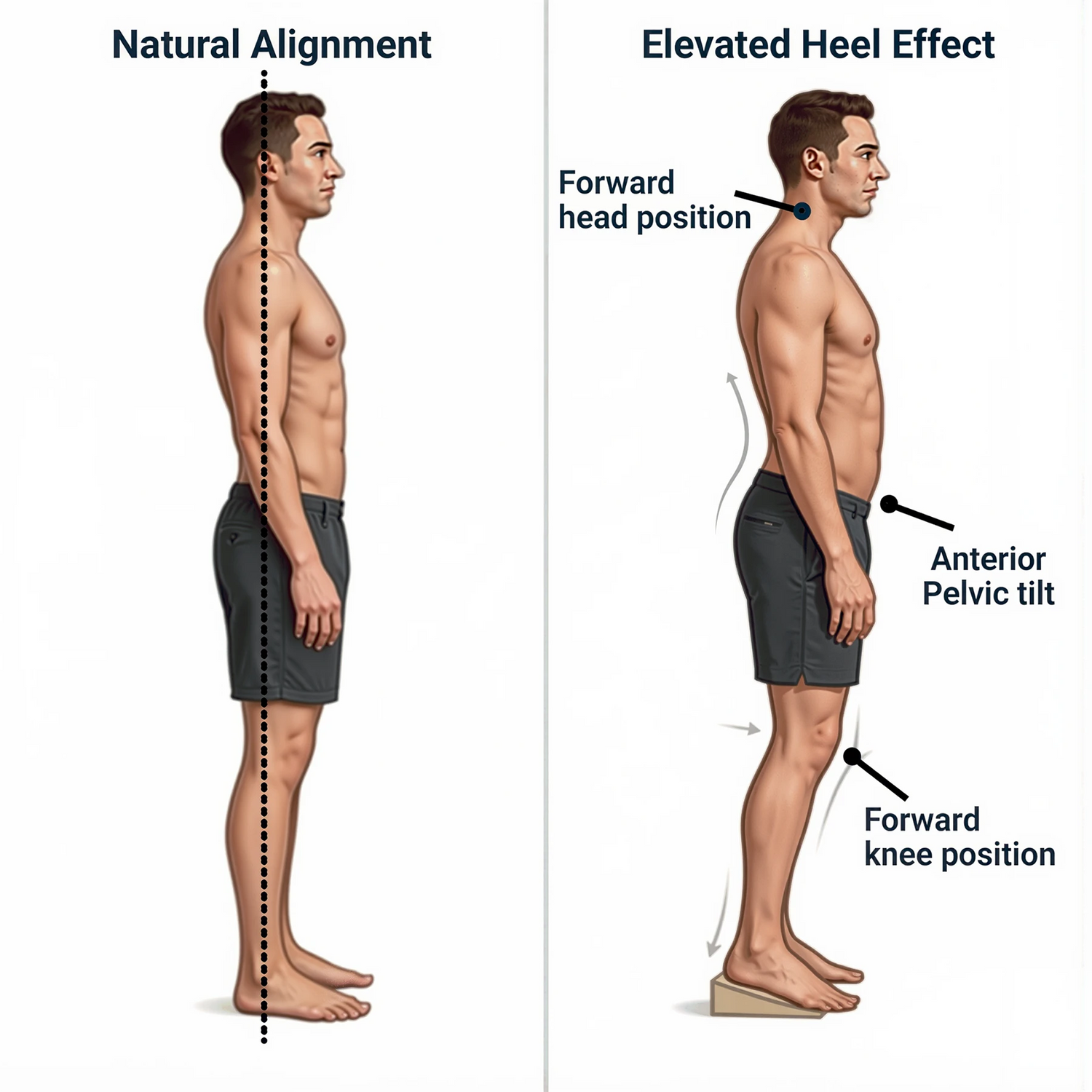 Comparison showing zero-drop natural alignment versus elevated heel effect with changes in head, pelvis and knee position